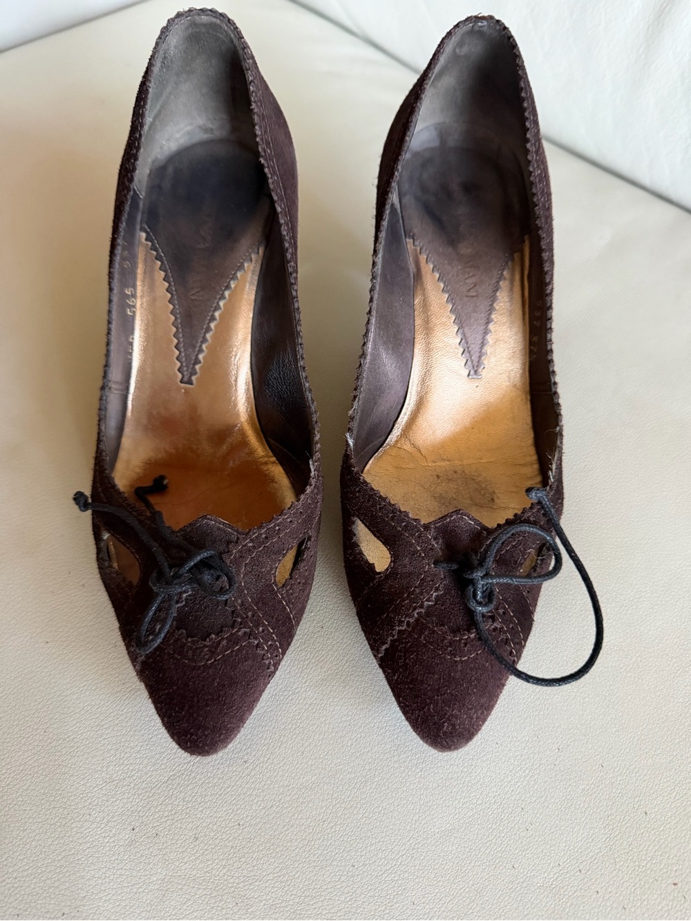 Giorgio Armani Dark Brown Suede Pointed Toe Pumps with Front Tie